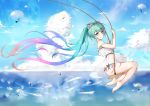  1girl absurdly_long_hair absurdres bangs bare_arms bare_legs bare_shoulders barefoot beamed_quavers blue_hair blue_sky bubble closed_mouth clouds commentary_request day dress eyebrows_visible_through_hair flower gradient_hair green_eyes green_hair hair_between_eyes hair_flower hair_ornament hatsune_miku highres long_hair looking_at_viewer looking_to_the_side multicolored_hair musical_note outdoors pink_flower pink_hair quaver see-through sidelocks sitting sky sleeveless sleeveless_dress smile solo strap_slip swing twintails very_long_hair vocaloid white_dress yiyu_qing_mang 