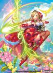  1girl arrow bird blonde_hair boots bow bow_(weapon) bowtie braid breasts cape cleavage clouds company_name feathered_wings flower force_of_will green_eyes high_heel_boots high_heels hood leaf little_red_riding_hood_(force_of_will) long_hair matsurika_youko nail_polish official_art open_mouth rainbow sky solo sparkle thigh-highs twin_braids weapon wings 