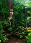  1girl blue_eyes breasts bridal_gauntlets cape chienon cleavage detached_sleeves final_fantasy final_fantasy_iv forest green_hair green_legwear hair_ornament highres nature rock rydia water waterfall 