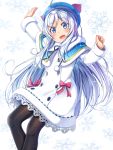  1girl :d antenna_hair arm_up bangs beret black_legwear blue_capelet blue_eyes blue_hat blush capelet commentary_request dennou_shoujo_youtuber_shiro eyebrows_visible_through_hair fur-trimmed_capelet fur_trim gurande_(g-size) hair_between_eyes hair_ornament hat head_tilt highres long_hair looking_at_viewer open_mouth outstretched_arm pantyhose shiro_(dennou_shoujo_youtuber_shiro) sidelocks silver_hair smile snowflakes solo very_long_hair virtual_youtuber white_background white_coat x_hair_ornament 