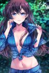  1girl belly blue_eyes blush breasts brown_hair collarbone commentary_request earrings ichinose_shiki idolmaster idolmaster_cinderella_girls jewelry long_hair looking_at_viewer medium_breasts midriff navel no_bra plaid plaid_shirt shirt solo soso tied_shirt wavy_hair 