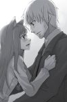  1boy 1girl animal_ears ayakura_juu beard couple craft_lawrence eye_contact facial_hair fox_ears grey_background greyscale holo long_hair looking_at_another monochrome novel_illustration official_art open_mouth parted_lips spice_and_wolf 