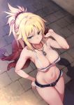  1girl absurdres alternate_breast_size armpits artist_name blonde_hair braid breasts cleavage closed_mouth cowboy_shot cutoffs denim denim_shorts dutch_angle fate/apocrypha fate/grand_order fate_(series) french_braid green_eyes groin hair_ornament hand_on_hip highres jacket jacket_over_shoulder jewelry medium_breasts midriff mordred_(fate) mordred_(fate)_(all) navel necklace ponytail revealing_clothes scrunchie short_shorts shorts solo strapless try tubetop twitter_username 