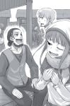  1girl 2boys :d ;d ayakura_juu beard collarbone craft_lawrence facial_hair floating_hair greyscale hands_on_lap holo hood laughing long_hair looking_away marc_cole monochrome multiple_boys novel_illustration official_art one_eye_closed open_mouth pants scarf shirt short_ponytail sitting sleeveless_jacket smile spice_and_wolf standing sweatdrop tears 