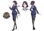  1girl absurdres ankle_boots boots breasts buttons commentary concept_art detached_sleeves full_body gloves hair_ornament hairclip highres honjou_raita long_sleeves looking_at_viewer medium_breasts military military_uniform mole mole_under_eye multiple_views necktie official_art pantyhose purple_hair senjou_no_valkyria_4 shinkai_no_valkyrie short_hair simple_background skirt smile solo standing turnaround uniform violet_eyes white_background white_gloves 