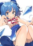  1girl bare_arms bare_legs bloomers blue_bow blue_eyes blue_hair blue_skirt bow cirno closed_mouth hair_bow high-waist_skirt ice ice_wings looking_at_viewer shigure_ui short_sleeves simple_background skirt smile solo tongue tongue_out touhou underwear white_background wings 
