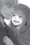  1boy 1girl :d ayakura_juu beard blush cape craft_lawrence facial_hair greyscale grin holo hood hooded long_hair monochrome novel_illustration official_art open_mouth smile spice_and_wolf sweatdrop upper_body 