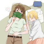  2girls bangs black_belt blouse book brown_pants casual closed_eyes closed_mouth covering_face darjeeling eyebrows_visible_through_hair girls_und_panzer green_shirt holding holding_book long_sleeves looking_at_another lying messy_hair multiple_girls nishizumi_maho notebook on_side pants pillow pink_skirt shirt short_hair short_sleeves skirt sleeping spoken_blush spoken_zzz t-shirt v-neck white_blouse yuri yuuhi_(arcadia) zzz 
