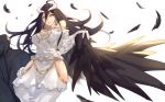  1girl albedo bare_shoulders black_hair black_wings breasts demon_girl demon_horns demon_wings dress gloves hair_between_eyes highres horns large_breasts large_wings long_hair looking_at_viewer mou_zhi_pingguo overlord_(maruyama) short_sleeves simple_background smile solo thigh-highs thighs white_dress white_gloves wings yellow_eyes 