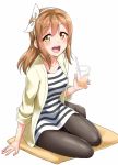  :d black_legwear bow brown_hair commentary_request cup cushion dress drinking_glass drinking_straw hair_bow hairband holding holding_drinking_glass kunikida_hanamaru light_blush long_hair looking_at_viewer love_live! love_live!_sunshine!! nail_polish no_shoes open_mouth pantyhose pink_nails short_dress simple_background sitting sleeves_folded_up smile striped striped_dress white_background yellow_cardigan yellow_eyes yokozuwari yopparai_oni 