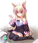  1girl animal_ears bare_shoulders black_legwear blonde_hair blush book breasts collarbone dog_ears elin_(tera) eyebrows_visible_through_hair large_breasts looking_at_viewer open_book open_mouth parted_lips psyche3313 red_eyes sitting smile solo tera_online test_tube thigh-highs wariza 