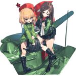  2girls :d bangs black_footwear black_hair black_skirt black_vest blonde_hair blue_eyes boots bowl closed_mouth collaboration commentary_request emblem eyebrows_visible_through_hair fang girls_und_panzer green_jacket green_jumpsuit ground_vehicle handkerchief headwear_removed helmet helmet_removed holding jacket katyusha kneeling last_period long_hair long_sleeves looking_at_another looking_at_viewer military military_uniform military_vehicle miniskirt motor_vehicle multiple_girls nonna official_art open_mouth pleated_skirt pravda_(emblem) pravda_military_uniform red_flag red_shirt shirt short_hair short_jumpsuit sitting skirt smile standing swept_bangs t-34 tank transparent_background turtleneck uniform vest 