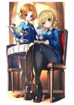  2girls bangs black_bow black_footwear black_legwear black_neckwear blonde_hair blue_eyes blue_skirt blue_sweater blush bow braid cake chair closed_mouth collaboration commentary_request cookie cup darjeeling dress_shirt emblem eyebrows_visible_through_hair food girls_und_panzer hair_bow holding holding_cup holding_plate indoors last_period legs loafers long_sleeves looking_at_viewer macaron miniskirt multiple_girls necktie official_art orange_hair orange_pekoe pantyhose parted_bangs plate pleated_skirt saucer school_uniform shirt shoes short_hair sitting skirt smile st._gloriana&#039;s_(emblem) st._gloriana&#039;s_school_uniform standing sweater table tablecloth teacup teapot thighs tied_hair tiered_tray transparent_background twin_braids v-neck white_shirt window wooden_chair wooden_table 