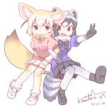  2girls :d animal_ears black_hair black_skirt blonde_hair bow bowtie colo_(frypan_soul) common_raccoon_(kemono_friends) dated extra_ears fang fennec_(kemono_friends) food fox_tail full_body grey_hair kemono_friends locked_arms looking_at_viewer multicolored_hair multiple_girls open_mouth pleated_skirt puffy_short_sleeves puffy_sleeves raccoon_ears raccoon_tail short_sleeves signature simple_background skirt smile tail v white_background white_hair white_skirt 