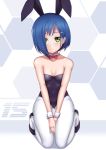  1girl alternate_costume animal_ears bare_arms bare_shoulders between_legs black_hairband blue_hair bow bowtie breasts bunny_girl bunnysuit caibao cleavage closed_mouth covered_navel darling_in_the_franxx detached_collar frown full_body green_eyes hair_ornament hairband hairclip hand_between_legs hexagon highres ichigo_(darling_in_the_franxx) kneeling leotard looking_at_viewer own_hands_together pantyhose purple_footwear purple_leotard rabbit_ears red_bow red_neckwear short_hair small_breasts solo strapless strapless_leotard white_legwear wrist_cuffs 