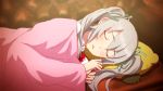  1girl akiba&#039;s_trip akiba&#039;s_trip_2 blanket blush bow hair_ribbon highres long_hair lying on_side pillow ribbon rin_(akiba&#039;s_trip_2) shirt silver_hair sleeping very_long_hair 