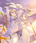  1girl armpits arms_up bangs banner bikini bird blonde_hair blue_eyes blush breasts clouds contrapposto cowboy_shot cygames evening flower front-tie_bikini front-tie_top gluteal_fold granblue_fantasy hair_flower hair_ornament hairband hairdressing hibiscus highres hisakata_souji jeanne_d&#039;arc_(granblue_fantasy) lens_flare light_rays long_hair looking_at_viewer medium_breasts mouth_hold navel outdoors palm_tree purple_bikini purple_ribbon ribbon see-through sheath sheathed solo standing stomach sunbeam sunlight sunset swimsuit sword thighs tree tying_hair under_boob very_long_hair weapon 