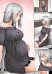  1girl bare_shoulders black_dress closed_eyes comic commentary dress eyebrows_visible_through_hair eyes_visible_through_hair fate/grand_order fate_(series) ginhaha hand_on_own_stomach indoors jeanne_d&#039;arc_(alter)_(fate) jeanne_d&#039;arc_(fate)_(all) long_hair on_bed pregnant silver_hair sitting smile strapless strapless_dress very_long_hair yellow_eyes 