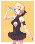  1girl armband artist_name artoria_pendragon_(all) bare_shoulders black_dress blonde_hair blush cleavage_cutout dress eating fate/grand_order fate_(series) food h2o_(dfo) hand_up looking_at_viewer melting orange_background popsicle saber saber_alter simple_background solo standing 