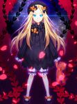  1girl :o abigail_williams_(fate/grand_order) bangs black_bow black_dress black_footwear black_hat blonde_hair bloomers blue_eyes bow butterfly commentary_request dress eyebrows_visible_through_hair fate/grand_order fate_(series) forehead full_body glowing glowing_eyes hair_bow hakkasui hat holding holding_stuffed_animal long_hair long_sleeves looking_at_viewer orange_bow parted_bangs parted_lips petals polka_dot polka_dot_bow shoes sleeves_past_fingers sleeves_past_wrists solo standing stuffed_animal stuffed_toy teddy_bear underwear very_long_hair white_bloomers 