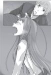  1boy 1girl animal_ears ayakura_juu closed_eyes craft_lawrence dress_shirt greyscale holo jacket long_hair looking_up monochrome novel_illustration official_art open_mouth shirt spice_and_wolf tears very_long_hair wolf_ears yawning 