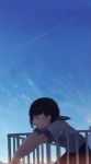  1girl black_eyes black_hair blue_sky expressionless highres leaning_against_railing looking_away mifuru original profile railing sailor_collar school_uniform short_hair sky 