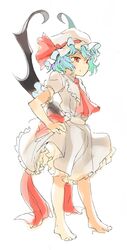  1girl ascot bangs bare_legs barefoot bat_wings black_wings blue_hair closed_mouth eyebrows facing_away frilled_skirt frills fronttire full_body hand_on_hip hat hat_ribbon legs_apart mob_cap puffy_short_sleeves puffy_sleeves red_eyes red_neckwear red_ribbon remilia_scarlet ribbon shirt short_hair short_sleeves simple_background skirt skirt_set solo standing touhou white_background white_hat white_shirt white_skirt wings 