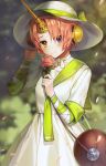  1girl alternate_costume bag bandage bandaged_arm bangs blue_eyes blurry blurry_background blush choker closed_mouth day depth_of_field dress eyebrows_visible_through_hair fate/grand_order fate_(series) flower frankenstein&#039;s_monster_(fate) gijang green_neckwear green_ribbon green_sailor_collar hand_on_headwear hat hat_ribbon headgear heterochromia holding holding_flower horns lens_flare looking_at_viewer neckerchief outdoors parted_bangs petals pink_flower pink_rose ribbon ribbon_choker rose sailor_collar sailor_dress shiny shiny_hair short_sleeves shoulder_bag smile solo sun_hat upper_body white_dress white_hat yellow_eyes 
