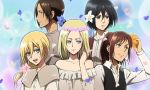  alternate_costume alternate_hairstyle annie_leonhardt black_eyes black_hair blonde_hair blue_eyes brown_hair christa_renz flower freckles hair_flower hair_ornament light_smile mikasa_ackerman multiple_girls official_art sasha_braus serious shingeki_no_kyojin smile ymir_(shingeki_no_kyojin) 