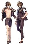  ahoge brown_hair bulge granblue_fantasy high_heels highres hood hood_down hooded_jacket jacket makita_(homosapiensu) male_focus male_swimwear red_eyes sandalphon_(granblue_fantasy) shirtless short_hair swim_trunks swimwear 