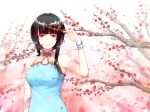  1girl alternate_costume bangs bare_shoulders black_hair blunt_bangs china_dress chinese_clothes dress flower highres looking_at_viewer nail_polish red_eyes red_flower red_nails short_hair sidelocks smile solo tree upper_body xiao_shei.. yat_sen_(zhan_jian_shao_nyu) zhan_jian_shao_nyu 