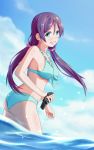  1girl aqua_bikini ass bibido bikini blue_sky blush bow breasts clouds front-tie_top green_eyes groin hair_bow highres looking_at_viewer love_live! love_live!_school_idol_project purple_hair sideboob sky smile solo swimsuit teeth thighs toujou_nozomi twintails video_camera wading water 