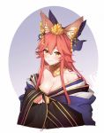  1girl absurdres animal_ears breasts cleavage fate/extra fate_(series) fox_ears fpanda highres large_breasts pink_hair tamamo_(fate)_(all) tamamo_no_mae_(fate) yellow_eyes 