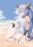  1girl arm_support beach blue_flower blue_hair breasts day flower granblue_fantasy hair_between_eyes hair_flower hair_ornament highres horns izmir large_breasts long_hair looking_at_viewer navel nonh_(wormoftank) ocean outdoors pointy_ears ponytail red_eyes seashell shell sitting sky smile solo swimsuit very_long_hair water yokozuwari 