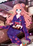  1girl blue_eyes braid breasts brown_hair chopsticks clenched_hand collarbone company_name copyright_name cross eyebrows_visible_through_hair food harin_0 holding holding_chopsticks japanese_clothes kimono long_hair looking_at_viewer medium_breasts obentou onigiri qurare_magic_library sandals semi-rimless_eyewear sitting socks solo sushi white_legwear 