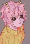  1girl ashido_mina black_sclera boku_no_hero_academia closed_mouth grey_background hair_between_eyes higashiyama_koji highres horns long_sleeves looking_at_viewer looking_up messy_hair orange_eyes pink_hair pink_pupils pink_skin short_hair simple_background smile solo sweater 