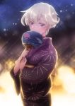  androgynous blurry blurry_background blush covered_mouth earrings fan japanese_clothes jewelry kimono looking_at_viewer night night_sky nihakusanren outdoors paper_fan seiken_manifestia short_hair sky standing uchiwa violet_eyes white_hair wide_sleeves yukata 