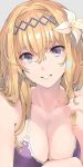  blonde_hair breasts cleavage collarbone flower granblue_fantasy hair_flower hair_intakes hair_ornament hair_twirling hairband jeanne_d&#039;arc_(granblue_fantasy) long_hair looking_at_viewer naruse_hirofumi parted_lips smile upper_body violet_eyes 