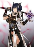  1girl animal_ears black_hair bracer breasts commentary cowboy_shot fingerless_gloves gloves highres houtengeki katana large_breasts looking_at_viewer smile solo sword twintails weapon yellow_eyes 