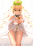 1girl ahoge bare_shoulders bed_sheet blonde_hair blush breasts bridal_veil bu_li cleavage copyright_name detached_collar detached_sleeves fate/extra fate/extra_ccc fate/grand_order fate_(series) full-length_zipper gloves green_eyes head_wreath large_breasts leotard lock nero_claudius_(bride)_(fate) nero_claudius_(fate)_(all) on_bed padlock shiny shiny_hair short_hair sitting smile solo veil white_gloves zipper zipper_pull_tab