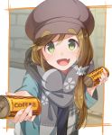  1girl :d bangs blush brown_hair can canned_coffee commentary_request fang georgia_max_coffee green_eyes hair_ornament hair_scrunchie hat inuyama_aoi konnyaku_(kk-monmon) long_sleeves looking_at_viewer open_mouth scarf scrunchie smile solo thick_eyebrows yurucamp 