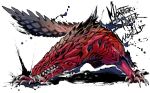  blue_eyes claws closed_mouth commentary_request copyright_name drooling fighting_stance full_body fuse_ryuuta monster_hunter monster_hunter:_world no_humans odogaron sharp_teeth simple_background snout solo standing tail teeth white_background 