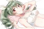  1girl anchovy arm_up bangs breasts casual cleavage closed_mouth dress drill_hair eyebrows_visible_through_hair girls_und_panzer green_hair hair_ribbon hand_on_own_face long_hair looking_at_viewer lying medium_breasts on_back pillow red_eyes ribbon see-through sheer_clothes smile solo tam_a_mat twin_drills twintails upper_body white_dress white_ribbon 