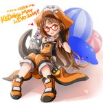  1girl 2017 anchor ball beachball bespectacled black_gloves blush boots breasts brown_hair dolphin fingerless_gloves full_body glasses gloves guilty_gear guilty_gear_xrd hat highres kibihimi knees_together_feet_apart long_hair may_(guilty_gear) notebook orange_eyes orange_hat pants pants_rolled_up pirate_hat red-framed_eyewear sailor_collar sitting small_breasts solo 