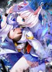  1girl animal_ears azur_lane bangs blue_eyes blunt_bangs blush breasts cleavage commentary_request fox_ears fox_mask holding japanese_clothes kaga_(azur_lane) looking_up mask medium_breasts nekoboshi_sakko parted_lips short_hair smile solo white_hair 