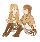  2girls alternate_hair_color brown_hair highres looking_at_another medium_hair multiple_girls nifa_(shingeki_no_kyojin) orange_eyes orange_hair petra_ral shingeki_no_kyojin smile three-dimensional_maneuver_gear 