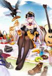  1girl absurdres alcohol arm_support azur_lane banana bangs bare_shoulders beer beer_mug bird black_hat black_legwear blue_sky blush boots bottle bra bread breasts brown_footwear case cat choker cleavage clothes_writing clouds curry dated doughnut eagle enterprise_(azur_lane) eyebrows_visible_through_hair feet food fruit grass guitar hat heart heart_choker highres holding_mug instrument jewelry large_breasts leaves_in_wind light_rays long_hair looking_at_viewer luode_huayuan miniskirt off_shoulder one_eye_closed orange outdoors pantyhose peaked_cap pendant petals picnic_basket plate shirt shirt_pull shoes_removed sidelocks silver_hair sitting skirt sky smile solo stargazy_pie thighband_pantyhose underwear very_long_hair video_camera violet_eyes white_bra wind wristband 