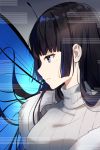  1girl absurdres black_hair blue_eyes butterfly_wings commentary_request highres long_hair mole mole_under_eye original parted_lips profile ribbed_sweater sada_(sadahalu) solo sweater turtleneck turtleneck_sweater wings 