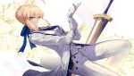  1girl adjusting_clothes adjusting_gloves ahoge artoria_pendragon_(all) avalon_(fate/stay_night) bangs blonde_hair blue_neckwear blue_ribbon braid breasts buttons closed_mouth cosplay dutch_angle excalibur eyebrows_visible_through_hair fate/grand_order fate/stay_night fate_(series) floral_background formal french_braid gloves green_eyes hair_between_eyes hair_bun hair_ribbon hand_up jacket leg_up light_particles long_sleeves looking_at_viewer medium_breasts necktie open_clothes open_jacket pants pocket ribbon saber saber_(fate/prototype) saber_(fate/prototype)_(cosplay) shiny shiny_hair short_hair side_glance sidelocks smile solo suit tie_clip touzai_(poppin_phl95) tsurime waistcoat white_background white_gloves white_jacket white_pants white_suit wind 