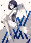  1girl beckzawachi blue_eyes blue_hair bodysuit breasts darling_in_the_franxx expressionless full_body ichigo_(darling_in_the_franxx) leg_hug legs_together pale_skin pilot_suit profile short_hair skin_tight small_breasts solo 